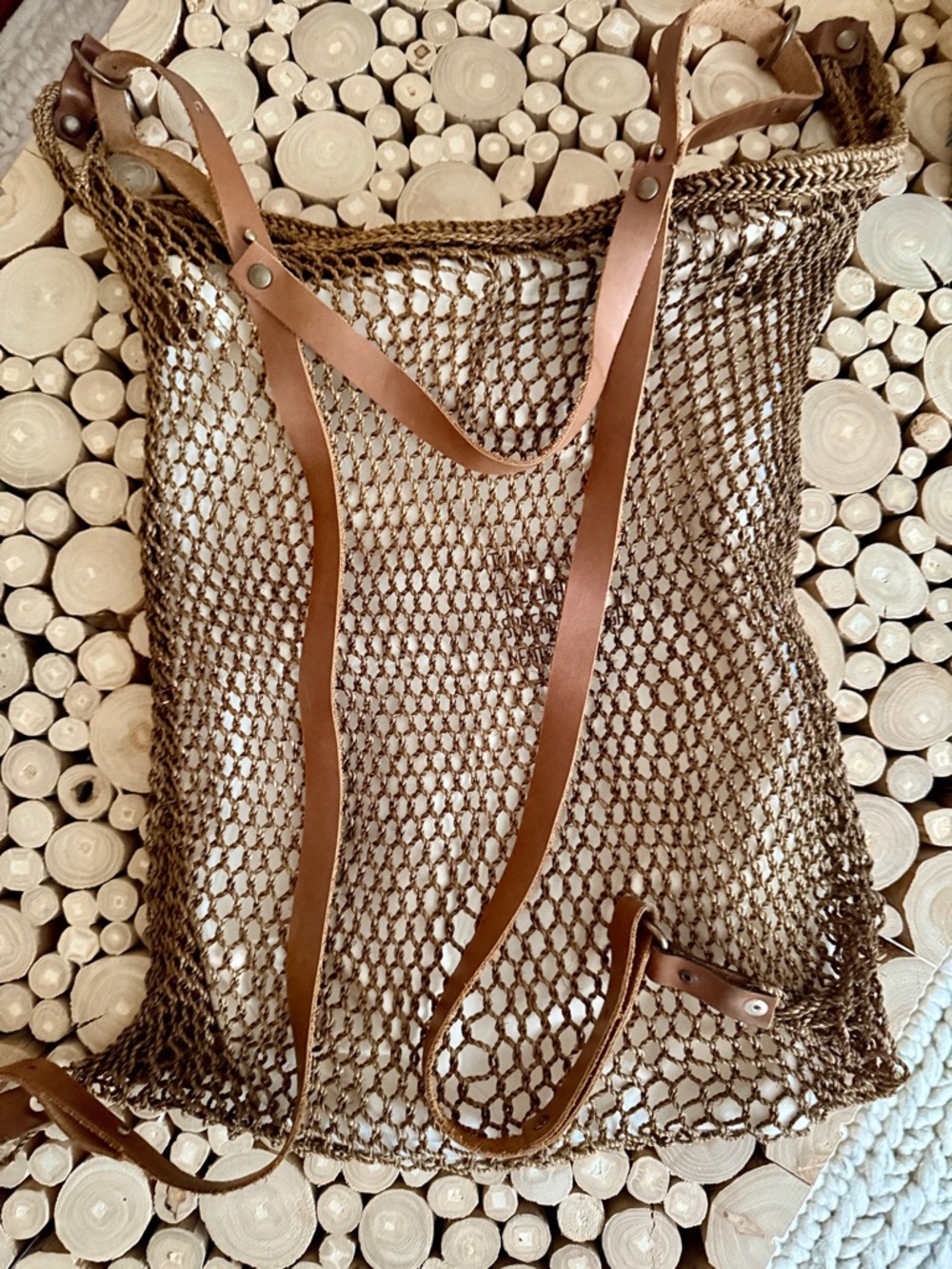 Handwoven Sisal Net Mesh Tote Bag Leather Straps - Brown Summer Beach Backpack